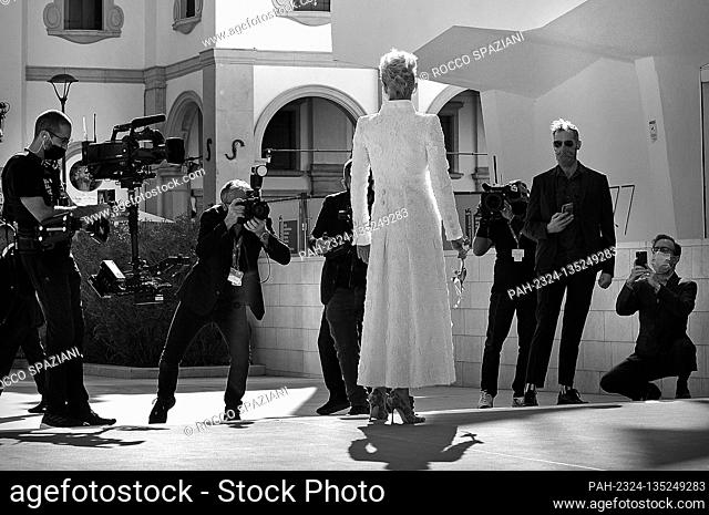 VENICE, ITALY - SEPTEMBER 03:Tilda Swinton walks the red carpet ahead of the movie ""The Human Voice"" and ""Quo Vadis, Aida?"" at the 77th Venice Film Festival...