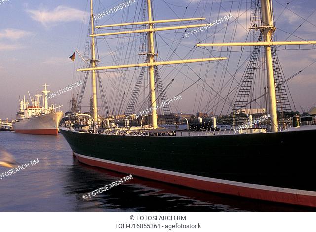 Hamburg, Germany, Elbe River, North Sea, Europe, Tall ship docked in Hamburg and St. Pauli's Harbor along the Elbe River