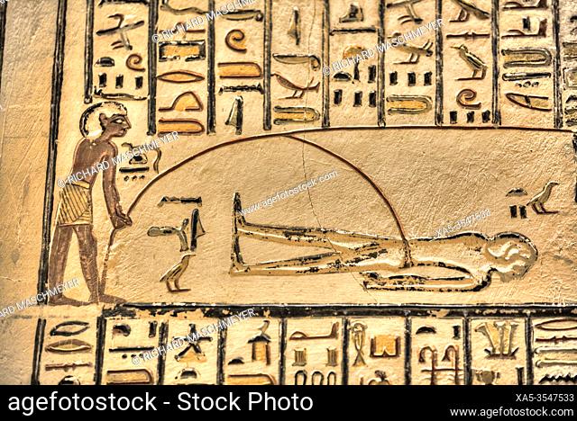 Reliefs, Tomb of Ramses V & VI, KV9, Valley of the Kings, UNESCO World Heritage Site, Luxor, Egypt