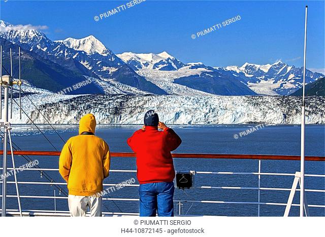 Alaska, USA, College Fjord, northern sector, Prince William Sound, tidewater glaciers, terminate in water, cruise ship, passengers, rocky, debris, in, ice