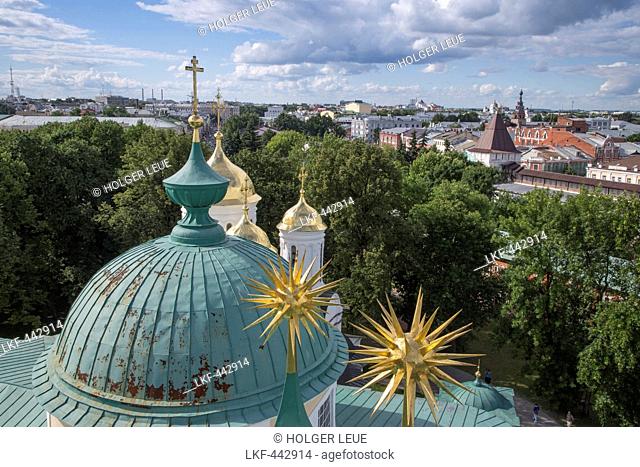 View from the bell tower of the Monastery of the Transfiguration of the Saviour with spiked golden roof decoration, Yaroslavl, Russia, Europe