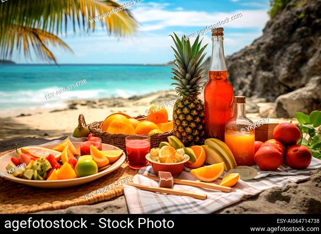 A beach picnic scene with a bottle of rum, fresh fruit, and mixers, setting the stage for a delightful homemade rum punch
