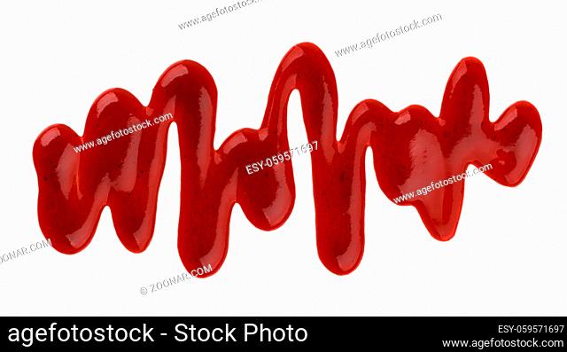 Ketchup. Splashes and spilled ketchup sauce isolated on white background with clipping path. Top view