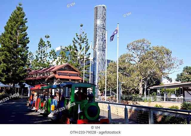 Trackless train tour, Roma Street Parkland, covers 16 hectares in centre of Brisbane, Queensland, Australia