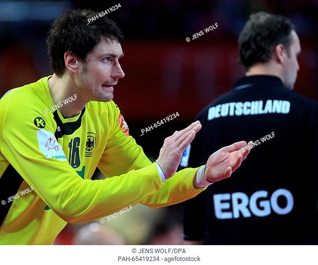 Germany's goal keeper Carsten Lichtlein reacts during the 2016 Men's European Championship handball group 2 match between Germany and Denmark at the Centennial...