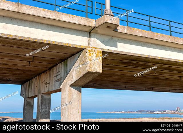 Bottom of concrete bridge with columns near Lelystad, The Netherlands