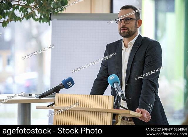 12 December 2023, Bavaria, Bad Rodach: Mario Wilhelm, HABA Managing Director, at the press conference on the planned realignment of the toy and furniture...