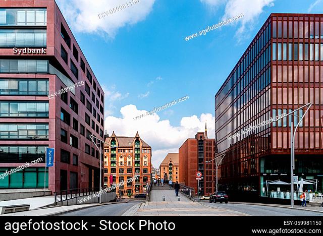 Hamburg, Germany - August 7, 2019: Street scene in Hafencity area