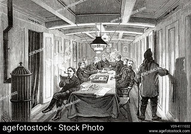 Men in the wardroom of the steamship Vega. Arctic, Russia. The Voyage of La Vega through Asia and Europe by Adolf Erik Nordenskiold 1879-1880