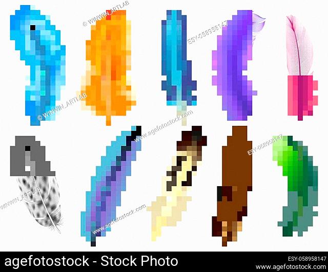 Realistic 3d feathers. Birds colored falling fluffy feathers, floating bird soft plumage feathers isolated vector icons set