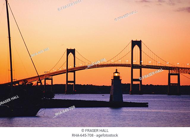 Newport Bridge and Harbor at sunset, Newport, Rhode Island, USA
