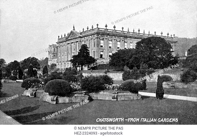View of Chatsworth House from the Italian Gardens, Derbyshire, c1900-1919(?). The first house at Chatsworth near Bakewell in Derbyshire was built by Bess of...