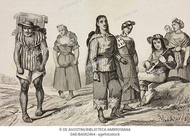 Native Mexicans wearing traditional clothes, Mexico, engraving by Vernier from Mexique et Guatemala, by De Larenaudiere, Perou, by Lacroix