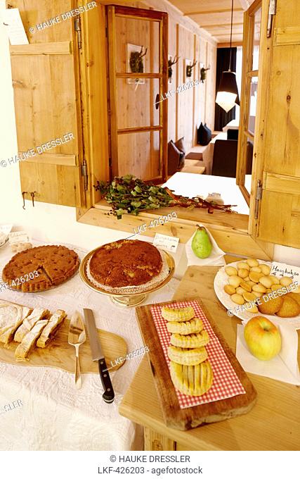 Breakfast buffet with cake and apple strudel in Lagacio Hotel Mountain Residence, S. Cassiano, Alta Badia, Italy