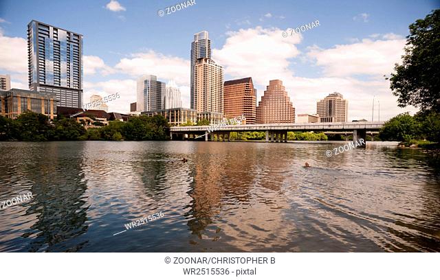 Dogs Swimming playing Colorado River Downtown Austin Texas