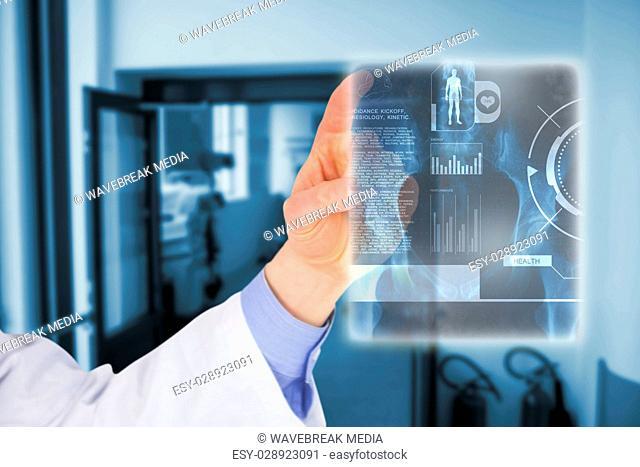 Composite image of cropped image of male doctor touching screen 3d