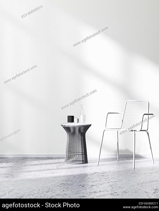 Minimalistic scandinavian style room interior with white metal chair and table on concrete floor, 3d rendering