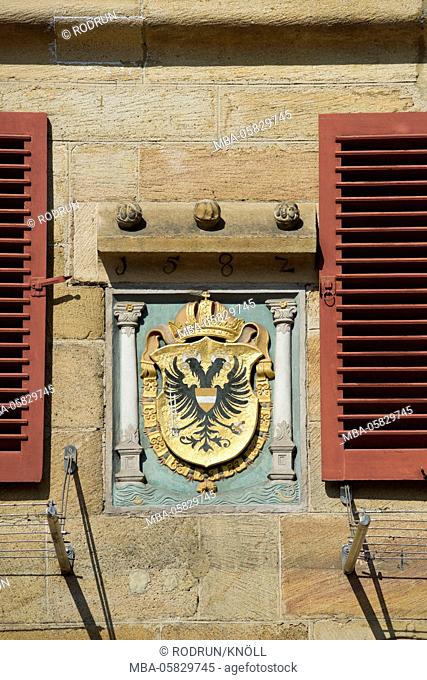 Germany, Baden-Wurttemberg, Esslingen at the Neckar, coat of arms with eagle in the Kielmeyerhaus, today town information in former hospital winepress of the St