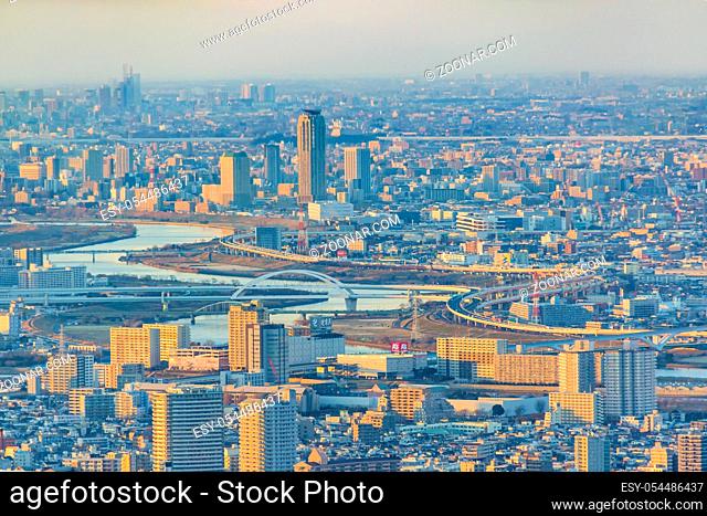 Sunset scene aerial cityscape view of tokyo city from viewpoint