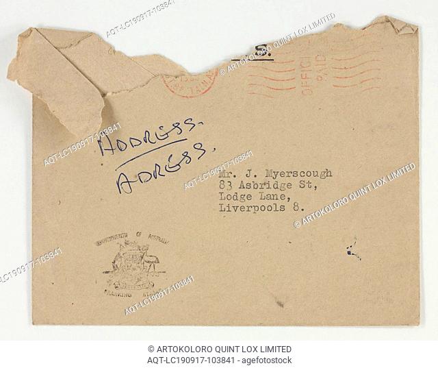 Envelope - from High Commissioner for Australia, Myerscough, 1963, Envelope for notice issued on 12/8/1963 by the Office of the High Commissioner for Australia...