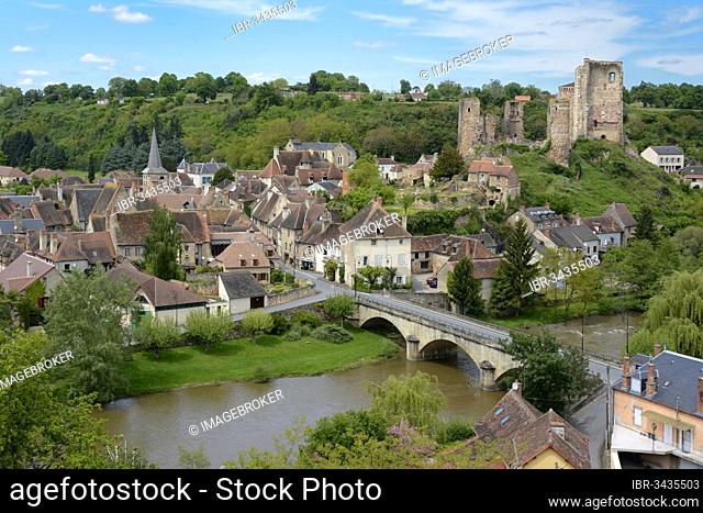 Village with the castle ruins, Herisson, Département Allier, Auvergne, France, Europe