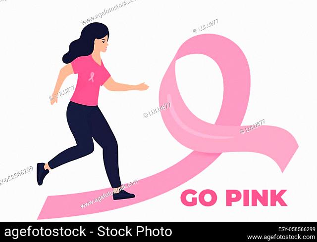 Woman running marathon on a pink ribbon road in support of breast cancer patients. October Awareness Month on Women s Health