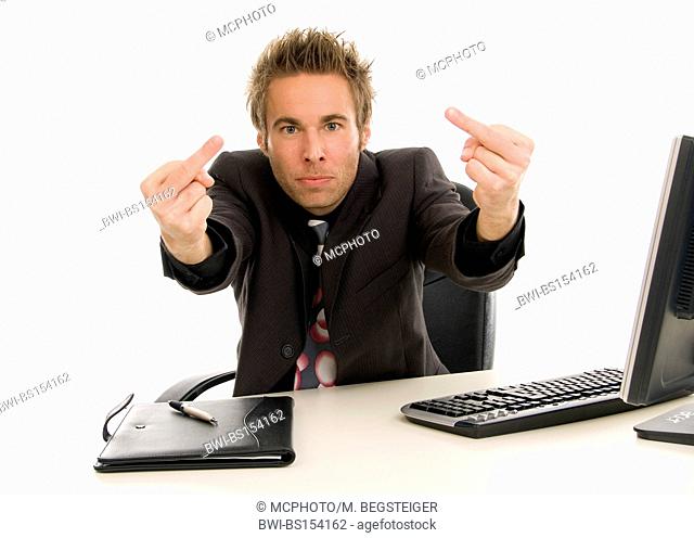 young businessman gives the finger