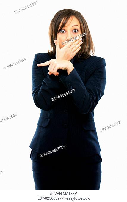Businesswoman pointing with a hand and showing surprise isolated on white background