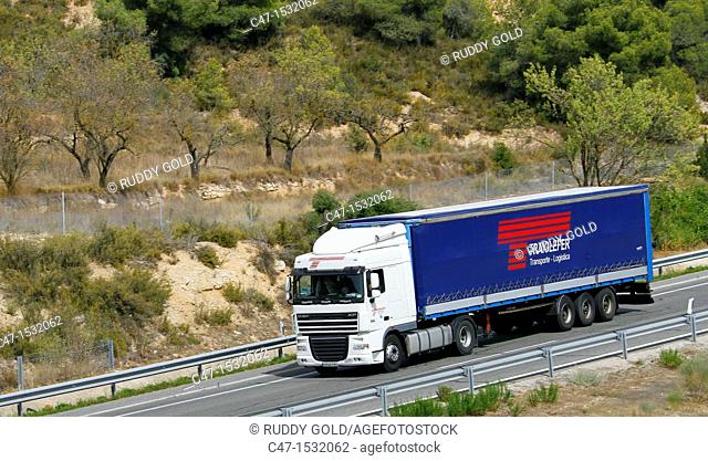 Spain, Catalonia, Lleida province, Highway AP-2, Barcelona Madrid, truck traffic near Vinaixa