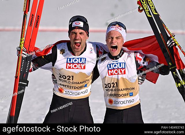 From right: Johannes LAMPARTER (AUT), Lukas GREIDERER (AUT), winner, winner, jubilation, joy, enthusiasm, at the finish. Nordic Combined Team Sprint LH / 2x 7