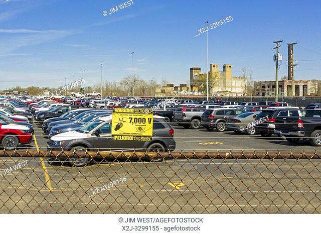 Detroit, Michigan - Trucks and cars built by Fiat Chrysler awaiting transport to dealers at Cassens Transport's Connor Yard