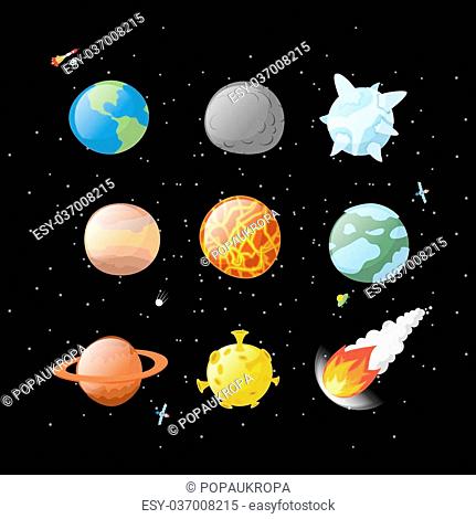 Planet set dark background. Dark space. Planets of solar system by having cartoon style. Earth, Jupiter. Mars and the Sun. falling meteorite