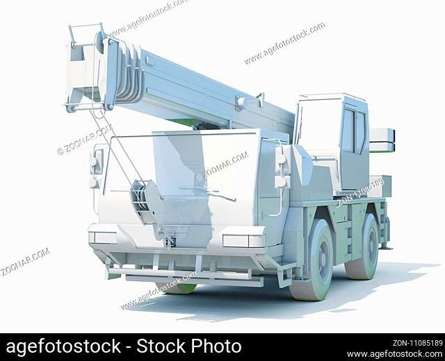 Truck Mounted Crane on White, Construction Equipment, Special Machines for the Construction Work, Construction Vehicle, Hydraulic Truck Crane