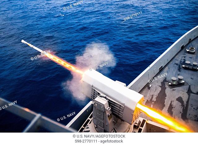 WATERS NEAR GUAM (Sept. 18, 2016) The amphibious transport dock ship USS Green Bay launches a rolling airframe missile (RAM) for a live-fire exercise during...