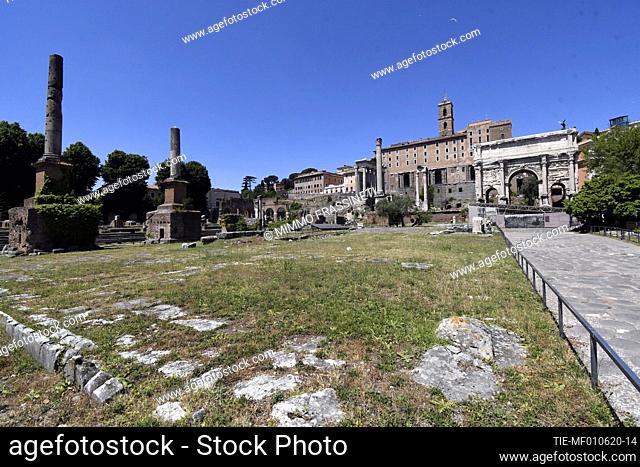 The square of Forum (not accessible) and the arch of Septimius Severus. The Foro Romano and Palatino (Roman Forum) reopened to public with limitations and...