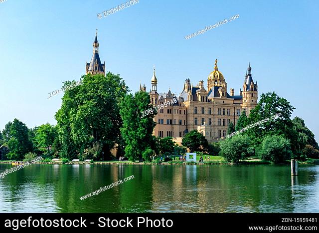 Schwerin, M-V / Germany - 10 August 2020: view of Schwerin Castle on the lake in Mecklenburg-Vorpommern in Germany