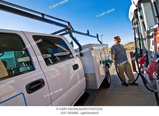 Fueling work truck with biodiesel at retail fuel station, Minden Nevada