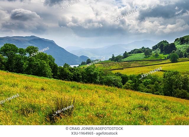 Place Fell and surrounding fells of Ullswater viewed from the slopes of the Aira Beck valley near Dockray in the Lake District, Cumbria, England