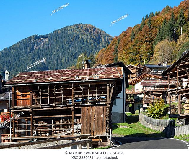 Traditional barns called Tabia, alpine architecture in Falcade in Val Biois. Europe, Central Europe, Italy
