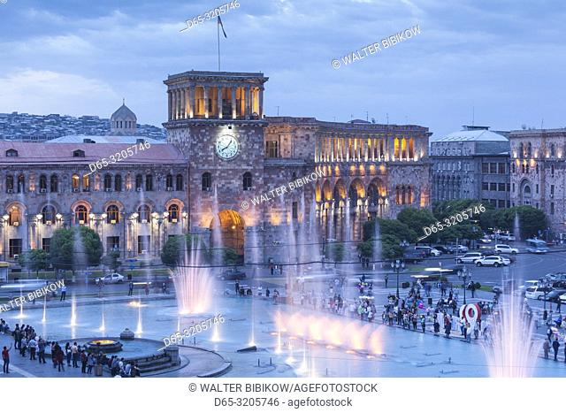 Armenia, Yerevan, Republic Square, dancing fountains, dusk