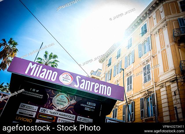 Illustration picture shows the podium pictured before the finish the 'Milano-Sanremo' one day cycling race, 294km from Milan to Sanremo, Italy