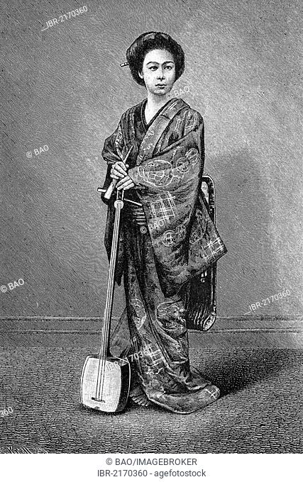 Japanese women's lives, geisha holding a shamisen, historical engraving, 1883