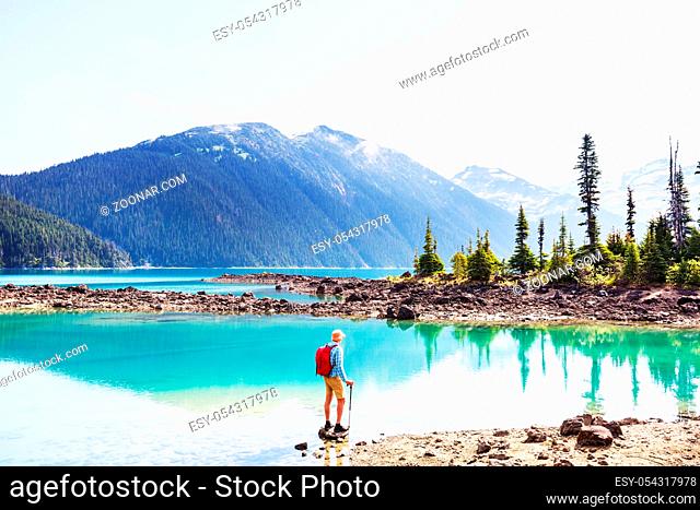 Hike to turquoise waters of picturesque Garibaldi Lake near Whistler, BC, Canada. Very popular hike destination in British Columbia