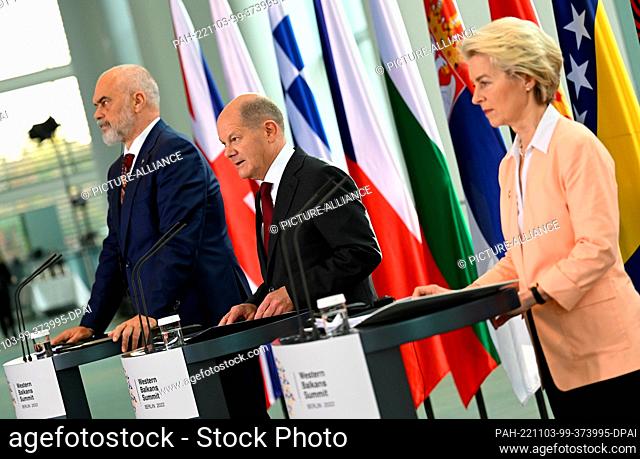 03 November 2022, Berlin: German Chancellor Olaf Scholz (SPD, M), Albania's Prime Minister Edi Rama and EU Commission President Ursula von der Leyen speak at a...