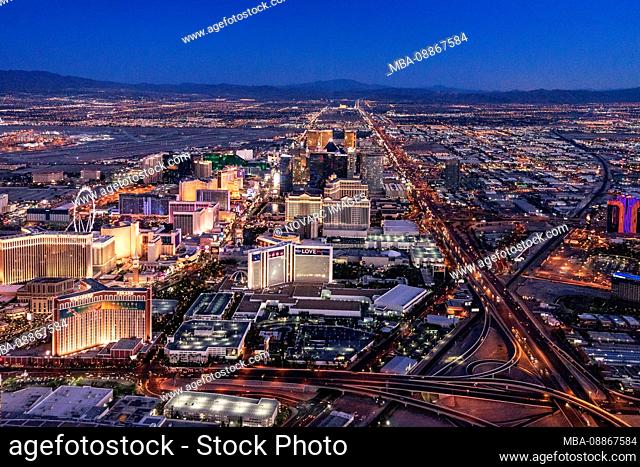 THE STRIP, aerial photography from helicopter at dusk, Las Vegas, Nevada, USA