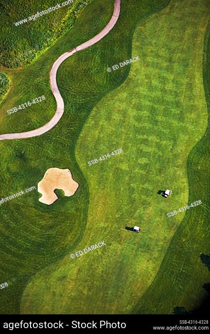 Aerial View of Golf Course, Showing Sand Trap, Fairway, Golfers, and Golf Carts