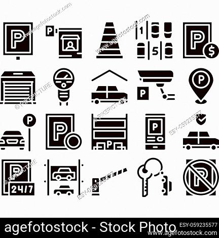 Parking Car Collection Elements Icons Set Vector Thin Line. Garage And Parking Mark, Video Camera And Automatic Barrier, Vehicle And Key Glyph Pictograms Black...