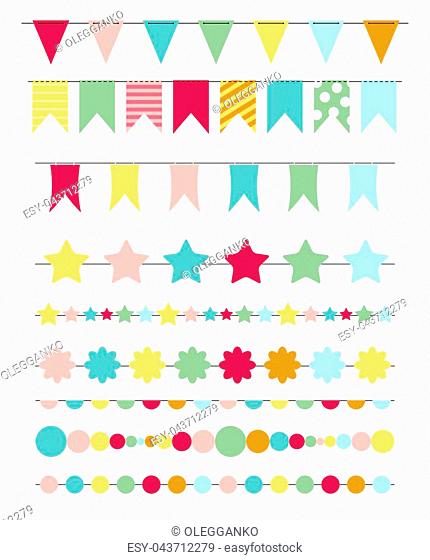 Party Flags, Buntings, Brushes for Creating a Party Invitation or Card. Vector Illustration EPS10