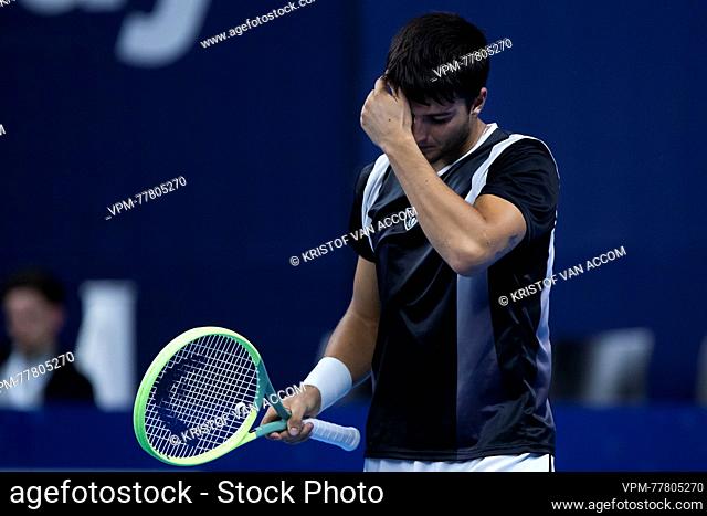 Spanish Pablo Llamas Ruiz looks dejected during a qualifications match for the European Open Tennis ATP tournament, in Antwerp, Sunday 15 October 2023