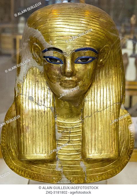 Egypt, Cairo, Egyptian Museum, from the tomb of Yuya and Thuya in Luxor : Gilded mask of Yuya, made of cloth and plaster